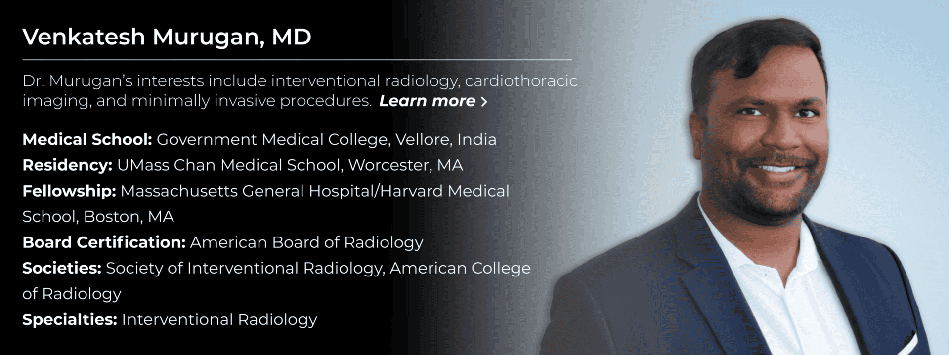         Jefferson Radiology’s Interventional Radiologist Dr. Venkatesh Murugan. He has specialty interests in cardiothoracic imaging and minimally invasive procedures.