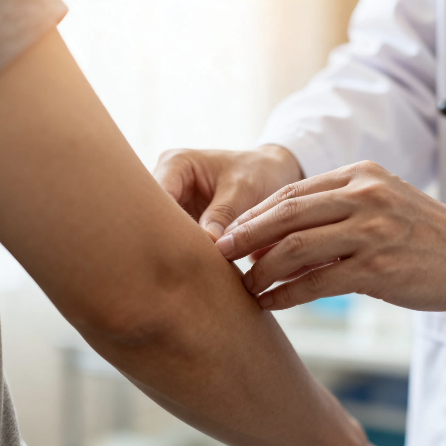 Doctor examining patient's arm in clinic
