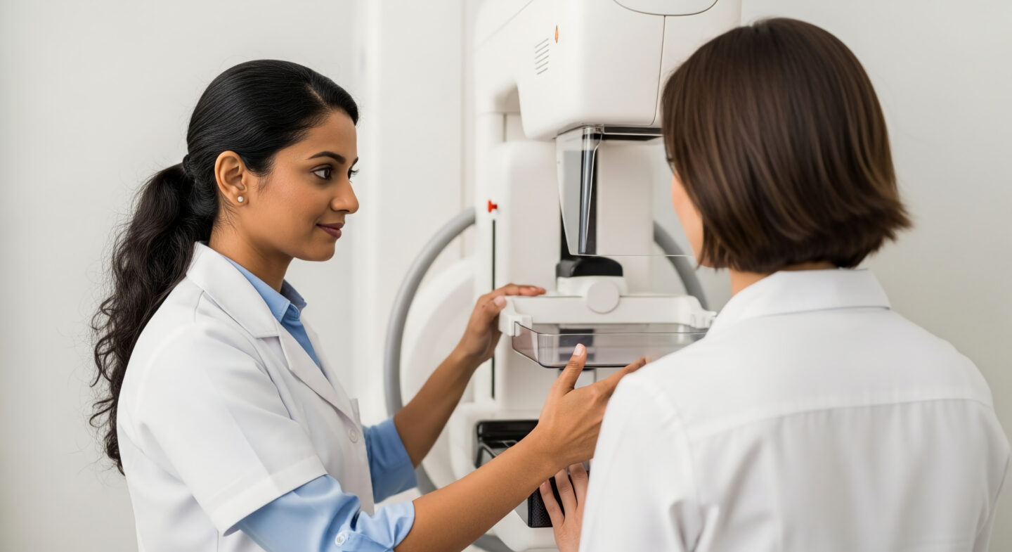 Mammo tech performing 3D mammogram at Jefferson Radiology.
