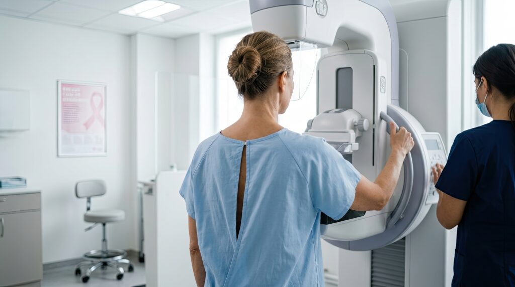 Mammography technologist and patient at mammogram machine.
